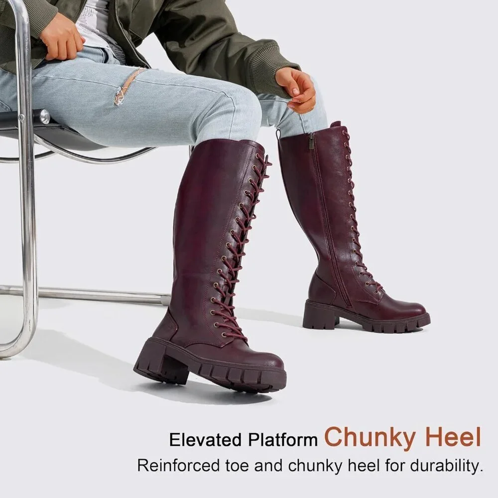 Women's Red Pu 953 Chunky Platform Heel Lace Gothic Knee High Combat Boots